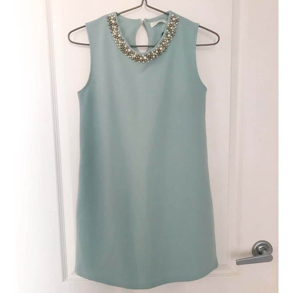 Mint mini dress with pearl beads
